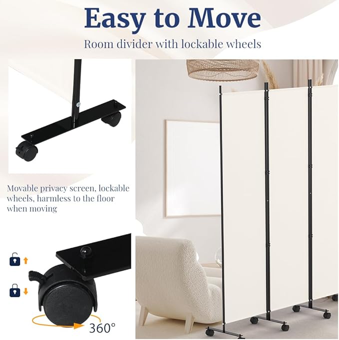 Kokorona 6 Panel Room Divider, 6FT Tall Rolling Privacy Screen with Lockable Wheels, Folding Wall Dividers Portable Room Divider for Room Separation, Included - Cover Strips, Beige, 119''W x 70''H