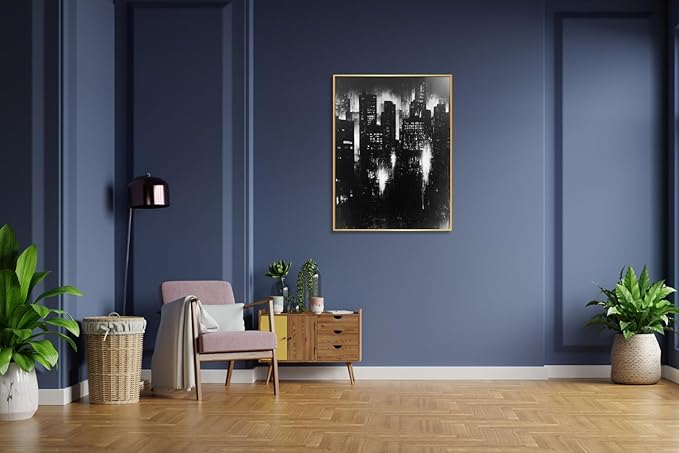 Abstract Cityscape Wall Art, Modern Urban Night Skyline Canvas Painting, Contemporary Expressionist City Decor (Gold, 35" W x 47" L / 90x120cm, Framed)