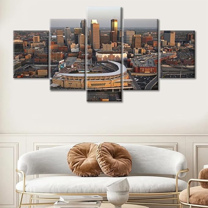 5 Pieces Minnesota Skyline Pictures Canvas Wall Art Minneapolis Cityscape Wall Decor for Living Room Aerial View Minneapolis City Panorama Modern Artwork Print on Canvas Ready to Hang (60"Wx32"H)