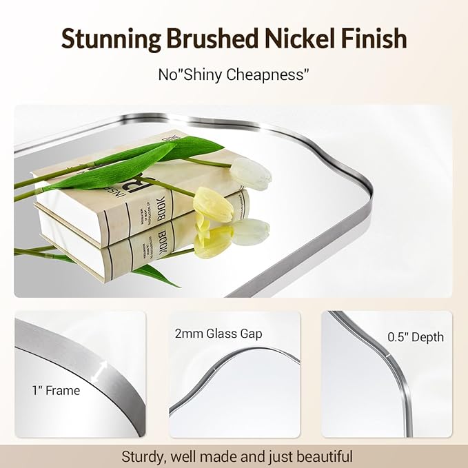 ANDY STAR Scalloped Arched Mirror, 24x38 Brushed Nickel Irregular Bathroom Mirror for Vanity, Asymmetrical Curved Top with Anti-Rust Stainless Steel Frame, for Entryway, Bedroom, Mantel, Fireplace