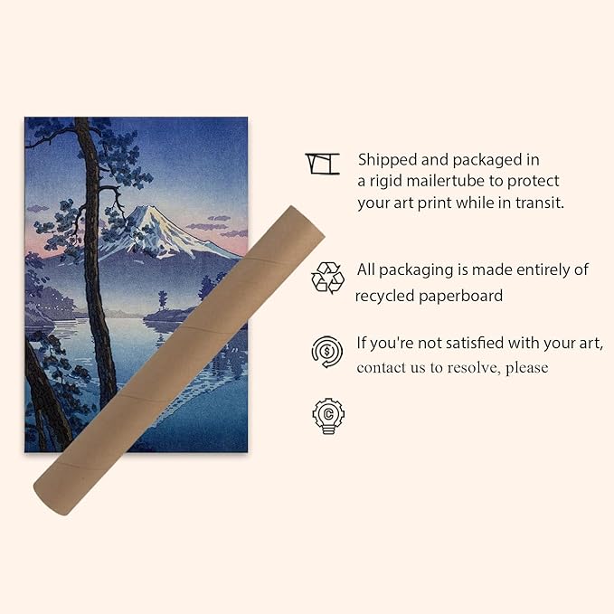 OZCONO Japanese Mountain Lake Art Print, Mount Fuji Landscape, Unframed Gallery Quality Giclée, UV-Resistant Ink (24L x 16W)