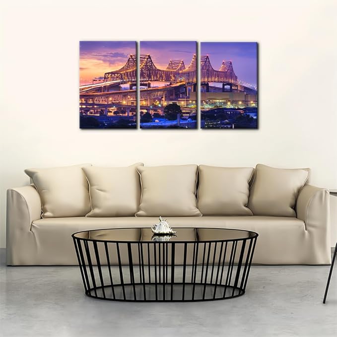 Pacimo Canvas Print Wall Art Set New Orleans Cityscape Modern Walls Decoration for Living Room Bedroom Office Crescent City Connection Bridge Pictures Painting Framed Ready to Hang - 16"x24"x3 Panels