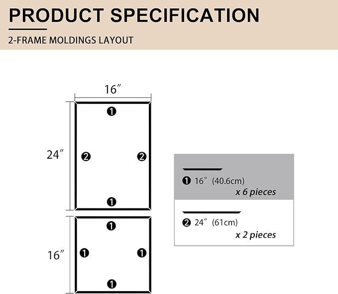 2 Set of 16" x 16" and 16" x 24" Pre-Cut Accent Wall Molding Trim Kit, Peel and Stick Premade Wainscoting Panels for Interior Decoration, Ready to Assemble Chair Rail Moulding