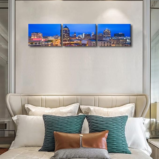 Native American Decor Skyline of Downtown Milwaukee Wall Art Cityscape Pictures Wisconsin, USA Panoramic Paintings Canvas City Skyline at Dusk Artwork Home Decor Framed Ready to Hang 12x48 Inch