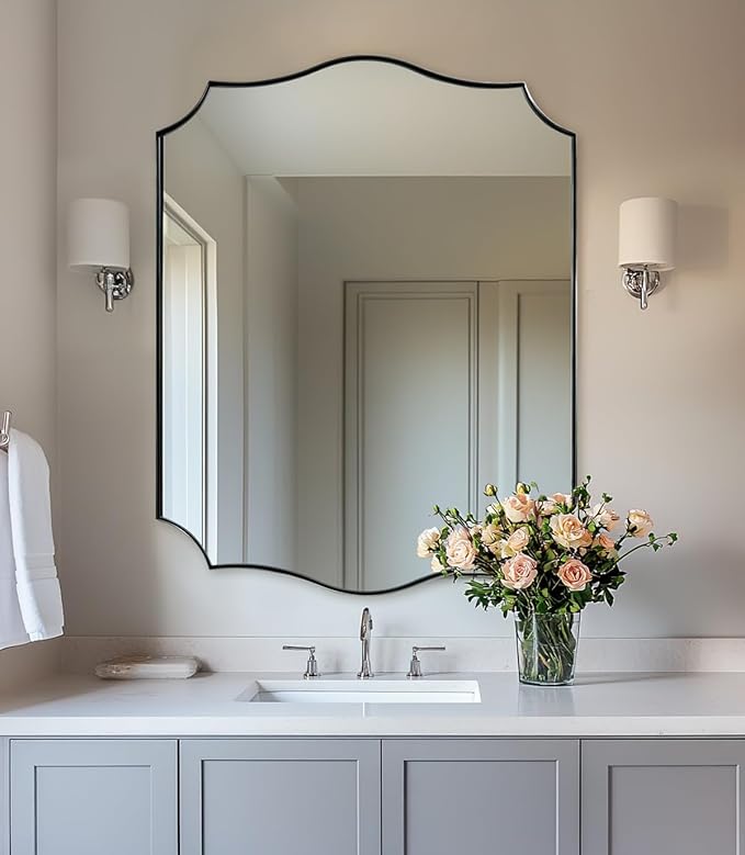 ANDY STAR Brushed Nickel Bathroom Mirror, 28x36 Inch Asymmetrical Wall Mirror, Modern Rectangle Mirror with Unique Wavy Design Ideal for Home Decor, Premium Stainless Steel Metal