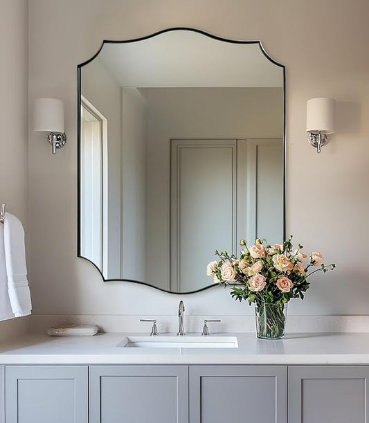 ANDY STAR Brushed Nickel Bathroom Mirror, 28x36 Inch Asymmetrical Wall Mirror, Modern Rectangle Mirror with Unique Wavy Design Ideal for Home Decor, Premium Stainless Steel Metal