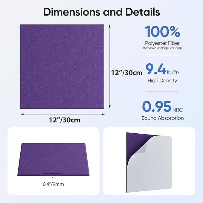 12 Pack 12" X 12" X 0.4" Acoustic Panels for Wall Sound Absorbing, Square Self-Adhesive Sound Panel, High Density Suitable for Multiple Scenarios(Violet)