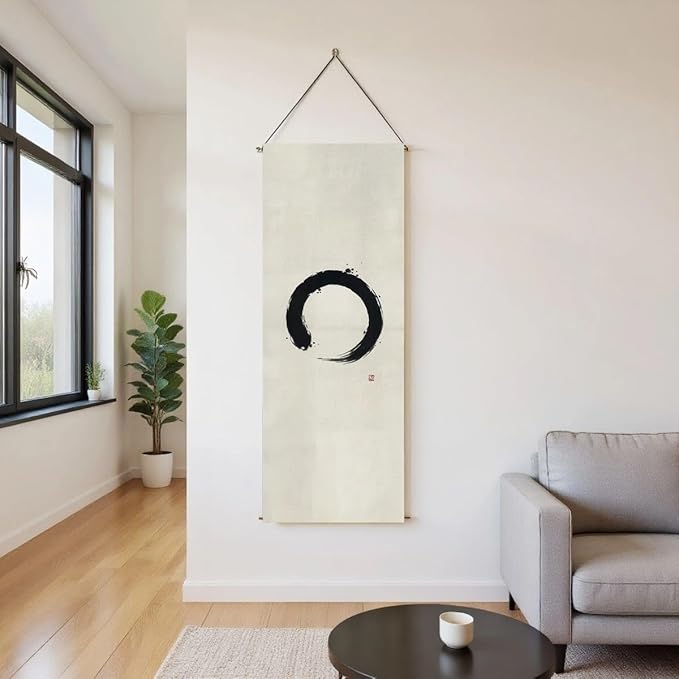 Japanese Tapestry Wall Art Scroll - Feng Shui & Lucky Symbols | W15.7xH47.2", Extra Long Vertical Hanging Decor for Bedroom, Living Room, Office | Zen Design (Enso-Circle) CTT-134