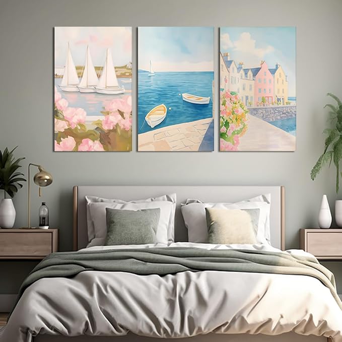 Coastal Lighthouse Canvas Ocean and Pink Roses Seaside Floral Wall Art Beach Landscape Printing Nautical Home Decor Canvas Small Boat Floating Print Framed - 24x36inchx3Pcs