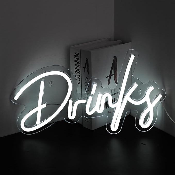 Looklight Drinks Neon Sign,Bar Neon Sign,Neon Signs for Wall Decor,Neon Sign For Room,White Neon Light Sign Led Neon Bar Signs USB Connectivity Light Up Wall Decor for Teen Room Bedroom Bar Store