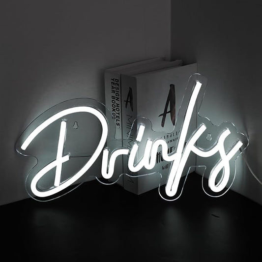 Looklight Drinks Neon Sign,Bar Neon Sign,Neon Signs for Wall Decor,Neon Sign For Room,White Neon Light Sign Led Neon Bar Signs USB Connectivity Light Up Wall Decor for Teen Room Bedroom Bar Store