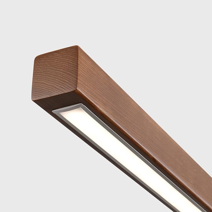39" Wood Linear Pendant Light Modern LED Dimmable Ceiling Hanging Light Fixture Wood Linear Chandeliers 24w for Dining Room Kitchen Island Pool Table Bar Walnut Color (with Remote Control)