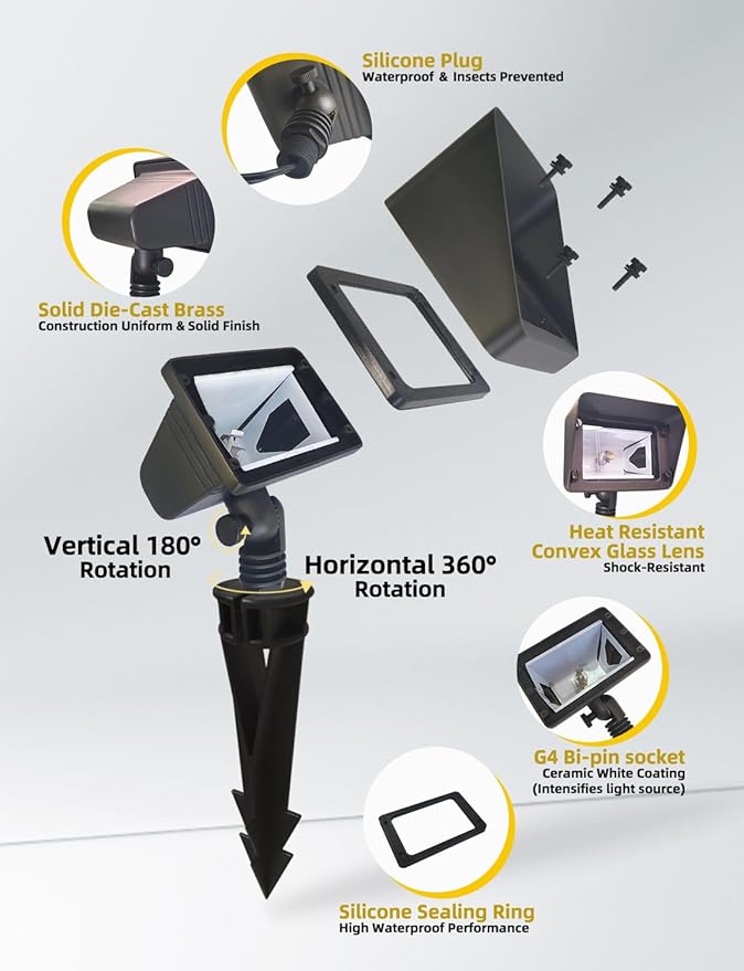 COLOER Brass Rectangular Flood Lights 12-Pack Without Blub, 12V Low Voltage Landscape Floodlights for Outside, Outdoor Wall Lights Illuminating Signs, Walls and Plant Material