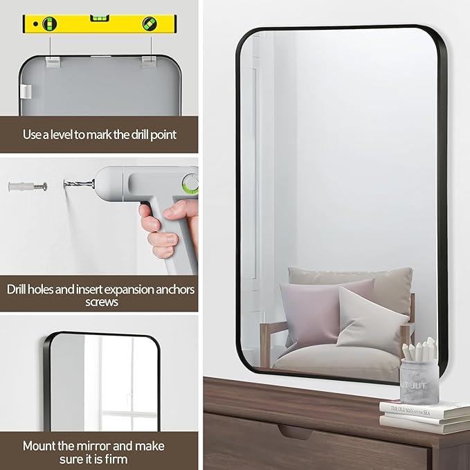 Black Bathroom Mirror, 48x30 Inch Matte Black Mirror, Aluminum Alloy Framed Vanity Mirror, Rounded Rectangle Bathroom Mirror for Over Sink, Anti-Rust Wall Mirror (Horizontally or Vertically)