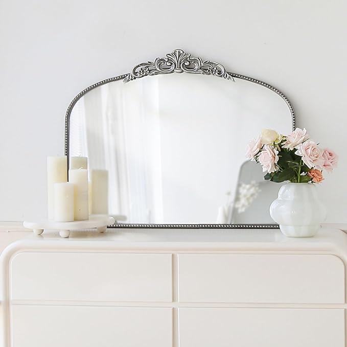 Micasso Vintage Baroque Silver Mirror: 29" x 36" French Vintage Mirror - Traditional Ornate Decorative Arched Mirrors for Wall/Bathroom/Entryway/Fireplace/Hallway - Home Decor for Living Room
