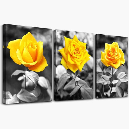 Canvas Wall Art For Bedroom Living Room Bathroom Wall Decor For Kitchen Family Pictures Artwork Black And White Yellow Rose Flowers Paintings 16" X 24" 3 Pieces Framed Modern Office Home Decorations