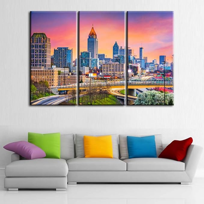 Modern Art Work Urban Office Buildings Pictures for Living Room 3 Piece Canvas Wall Art Atlanta, Georgia Skyline Painting Cityscape Home Decor Artwork Framed Stretched Ready to Hang - 40‘’x20‘’x3