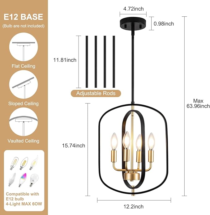 Modern Chandelier for Dining Room, Black and Gold Chandelier Light Fixture, 4-Light Farmhouse Chandelier Lights, Adjustable Rustic Chandeliers for Kitchen Island, Entryway, Foyer, Living Room