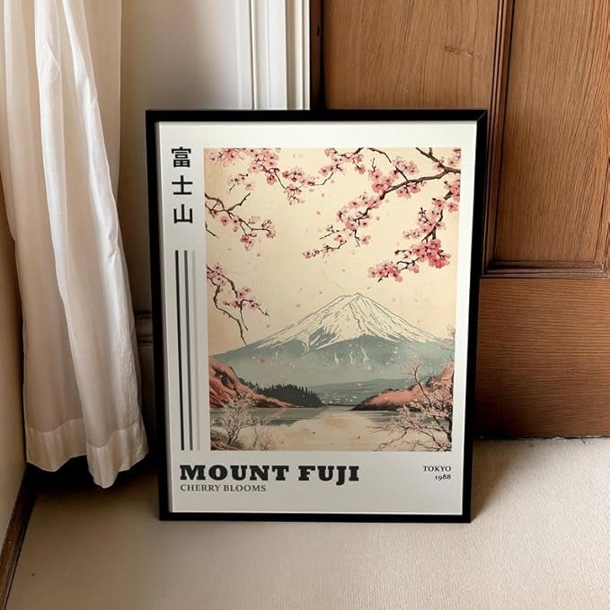 Mount Fuji Poster, Traditional Japanese Wall Art Print with Cherry Blossoms, Japandi Style Asian Home Decor, Fujisan Landscape Artwork for Bedroom or Living Room (Unframed) (12x18)
