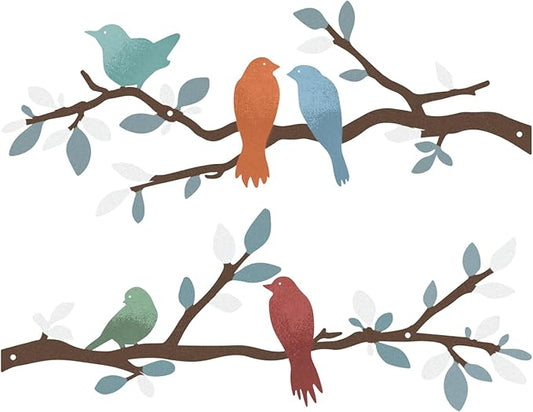 ESTART 2 Pcs Metal Birds Wall Art, Metal Vivid Birds on Branch Silhouette Wall Decor Black Leaves with Bird Outdoor Hanging Wall Sculpture for Home Balcony Garden Indoor Outdoor (Colorful)