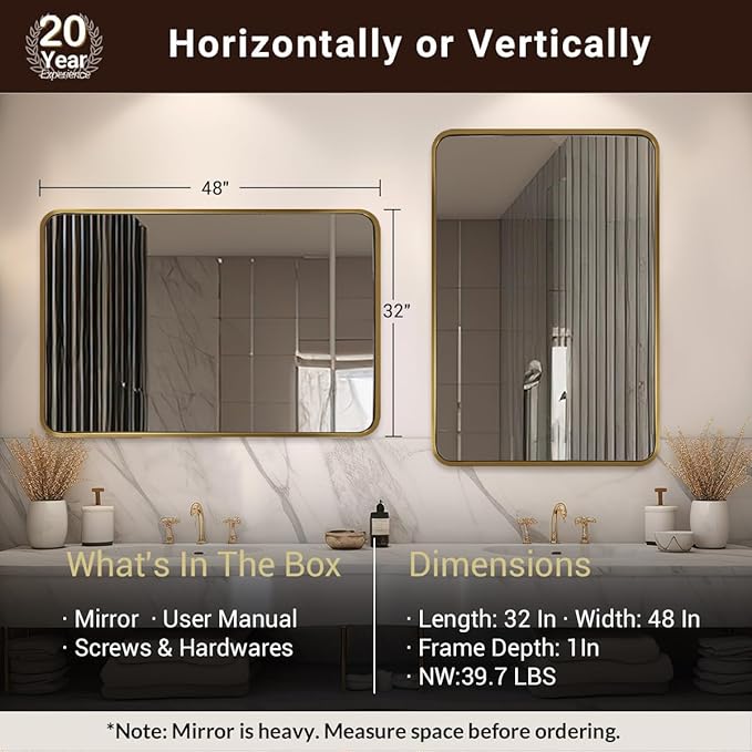 ANDY STAR 48x32 Inch Gold Bathroom Mirror, Brushed Gold Mirrors for Wall in Anti-Rust SUS304 Tube Metal Frame, Rounded Rectangle Mirrors 1’’ Deep Wall Mounted Vertically/Horizontal for Bathroom