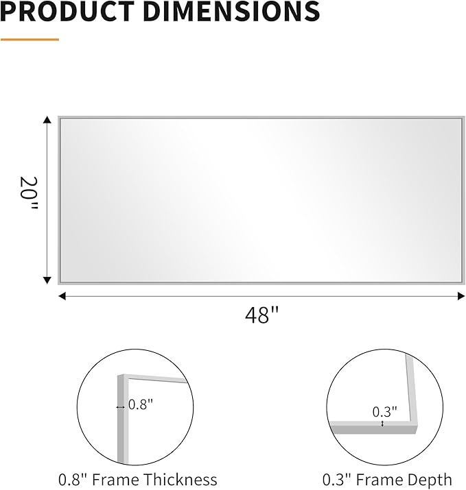 KOCUUY Silver Framed Mirror, 20"x48" Rectangle Bathroom Mirror for Wall, HD Tempered Glass, Anti-Rust Frame, Modern Design for Bathroom, Bedroom, Living Room, Entryway