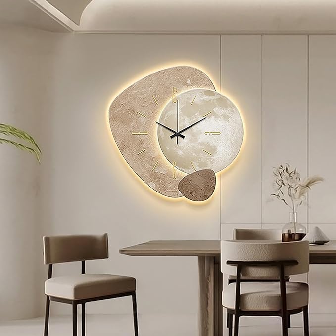 3D Wall Art Decor Clock, Large 3D Wall Sculptures with LED Light, Modern Home Decorative Wall Clocks Acrylic Painting for Living Room Bedroom Entrance Decor(15.7"x15.7", Beige)