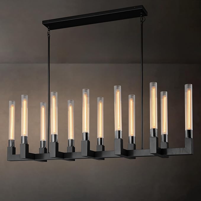 68-Inch 12-Light Black Modern Chandelier with Knurled Glass Tube Shades, Rectangular Luxury Ceiling Pendant Light Fixture for Dining Room, Living Room, or Foyer.
