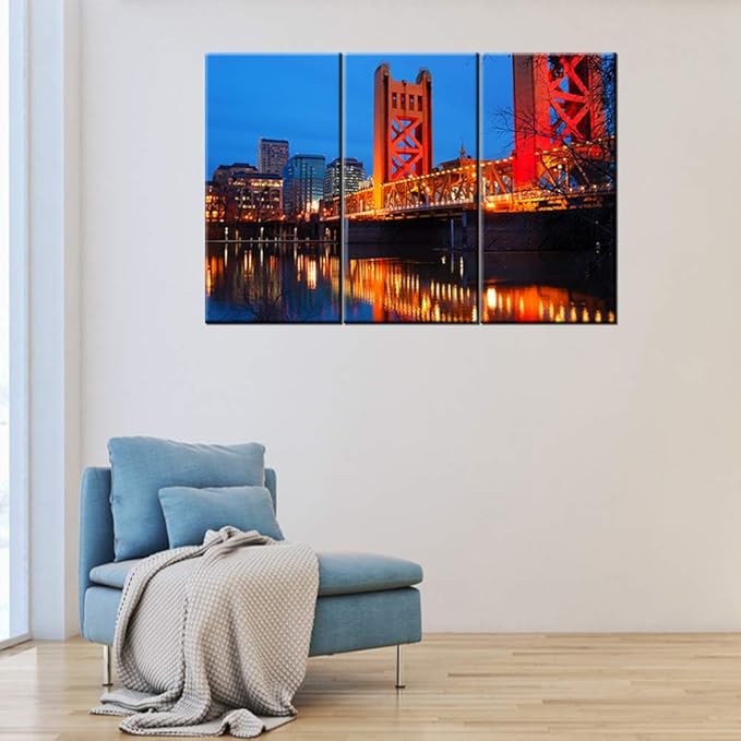 3 Pieces Modern Canvas Painting Wall Art The Picture for Home Decoration The Tower Bridge Crosses the Sacramento River in the heart of Downtown Cityscape Print On Canvas Giclee Artwork for Wall Decor