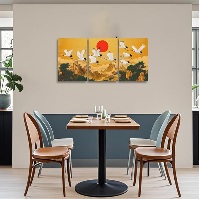 YMXZHUANSH Flying Crane & Mountain Water Painting 3 Peice Chinese Landscape Picture Oriental Wall Art with Red Sun Asian Decor for Living Room Study Tea House 16x24inchx3 (40x60cmx3)
