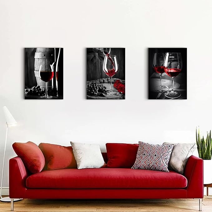 Kitchen Wall Art for Dining Room Red Wine Decor Glass Cup Barrel Bar Canvas Picture Painting Black and White Vintage Artwork Fruit Goblet Poster Decorations Family Restaurant Bedroom 24x32 Inch 3pcs