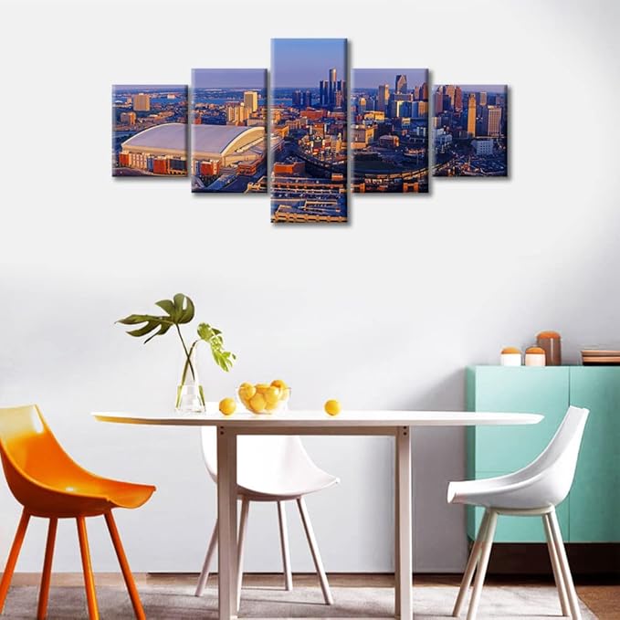Beautiful Detroit Cityscape Home Decor Posters and Prints Detroit City Skyline Art Prints 5 Piece City Night Pictures Canvas Wall Art House Decor Stretched and Framed Ready to Hang (50"Wx24"H)