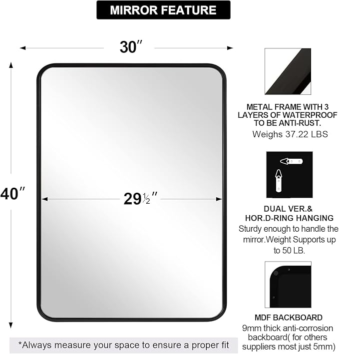 ANDY STAR Black Bathroom Mirror for Wall, 30 x 40 Inch Mirrors for Vanity, Rounded Rectangle Mirror, Black Metal Framed Mirror Wall Mounted Horizontal Or Vertical
