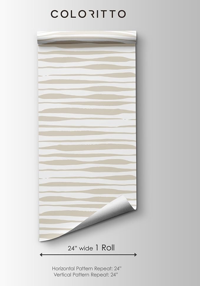 Beige Stripes Shibori Wallpaper | Removable Self Adhesive Hand Drawn Wallpaper | Customizable Geometrical Lines Peel and Stick Wall Decor (1 roll 24" W x 60" H)