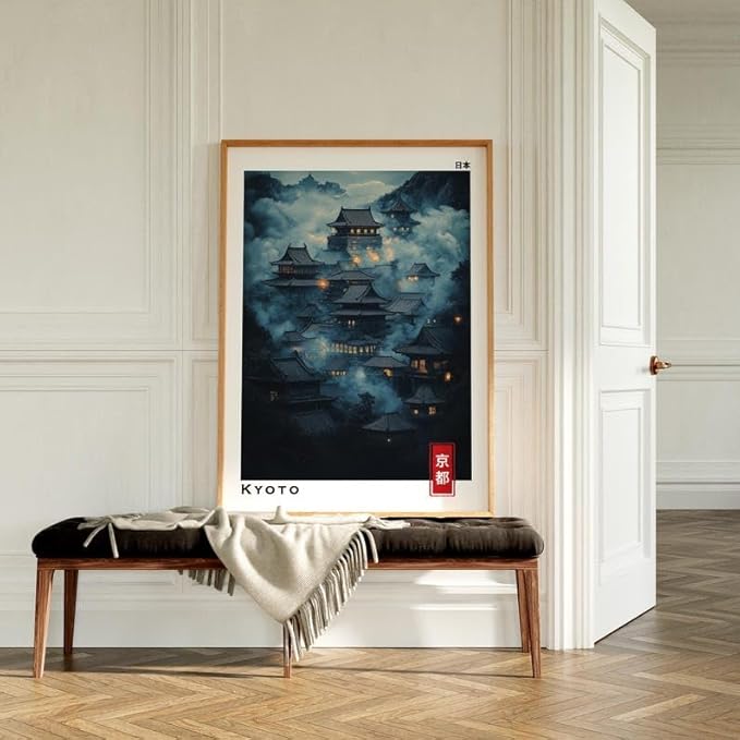 Kyoto Mystic Village Poster, Japanese Temple Wall Art Print with Night Landscape, Japandi Asian Artwork, Traditional Home Decor for Bedroom, Gallery or Living Room (Unframed) (20x30)