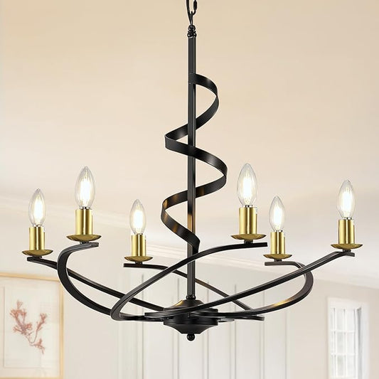 Black and Gold Chandelier, 6-Light Farmhouse Chandeliers for Dining Room, Rustic Kitchen Island Lighting, Modern Chandelier for Living Room, Hanging Pendant Lights for Bedroom, Foyer, Staircase, Entry