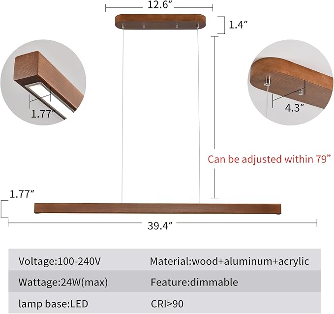 39" Wood Linear Pendant Light Modern LED Dimmable Ceiling Hanging Light Fixture Wood Linear Chandeliers 24w for Dining Room Kitchen Island Pool Table Bar Walnut Color (with Remote Control)