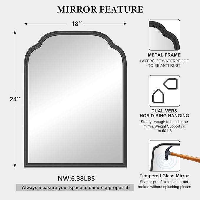 18X24 Inch Black Mirror for Wall with Metal Frame Rectangular Rounded Bathroom Vanity Mirror Anti-Rust, Hangs (Black 18" x 24")