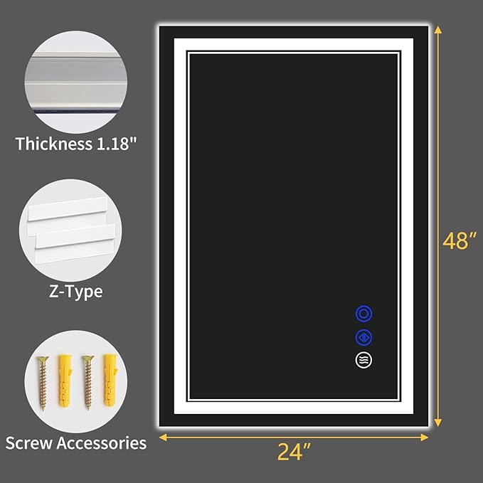 48"x24" LED Bathroom Mirror with Anti-Fog, Stepless Dimmable Lights, 3 Color Modes, Shatter-Proof Tempered Glass, Memory Function & Waterproof Design