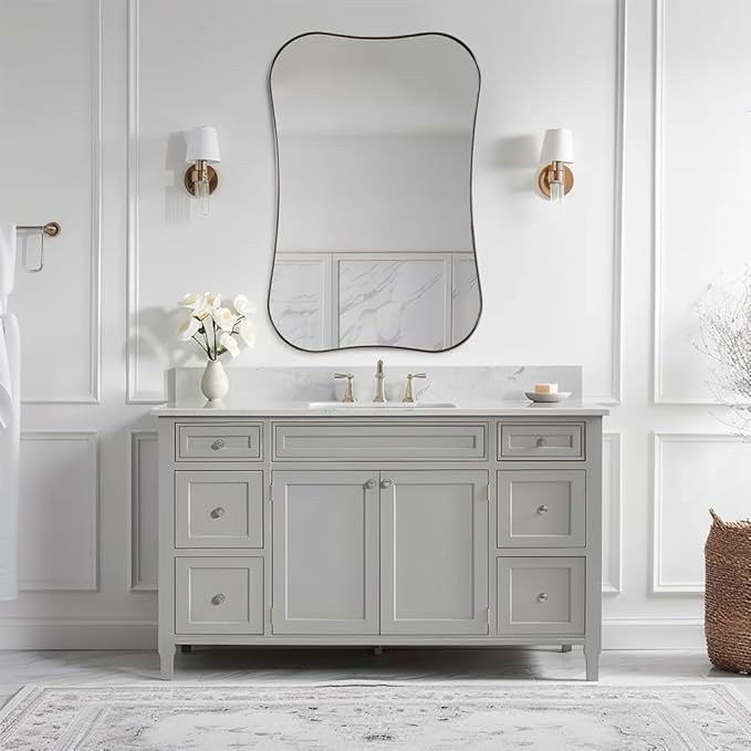 ANDY STAR 24x36'' Chrome Mirrors, Modern Rounded Corner Irregular Bathroom Mirrors with Notched Edges in 1 Inch Stainless Steel Frame Wall Mounted for Bathroom Vanity Home Decor