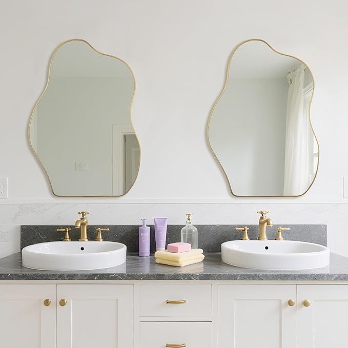 BOMINICA Irregular Wall Mirror Asymmetrical Mirror, Decorative Wall Mirror Golden Wood Framed, Wall Mounted Mirror for Bathroom Living Room Entryway Bedroom Hallway (Gold, 20" x 28")