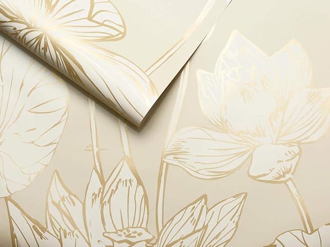 NextWall Lotus Floral Peel and Stick Wallpaper (Metallic Gold & Cream)