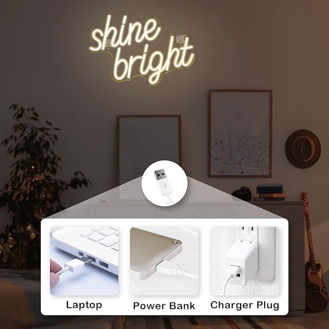 LooKLight Shine Bright Neon Sign,Warm White Neon sign Neon Light Sign,Led Signs for Wall,Neon Signs for Wall Decor,USB Led Neon Signs Wedding For Bar Party Home Bedroom Wall,Bedroom Club