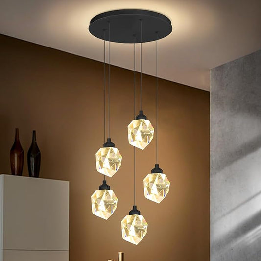 5-Light Cluster Crystal Raindrop Pendant Lights- 25W Black LED Dimmable Hanging Light Fixture Chandelier for Kitchen Island, Dining Room Living Room