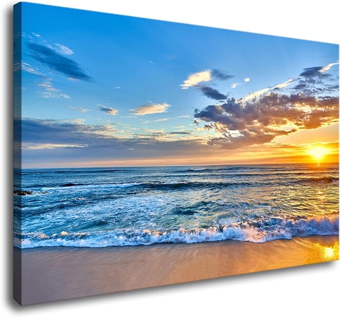 Aibonnly Wall Art Canvas Painting Seaside Sunset over the beaches 1 Piece blue sea view Ocean Picture Poster Print Framed and Stretched Ready to Hang for Living Room Bedroom Kitchen Office