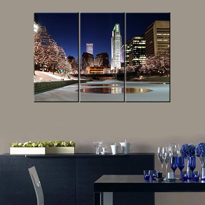 Native American Wall Art Painting - Downtown Omaha Shines With Holiday Lights on Canvas - Nebraska Cityscape Picture Print for Home Decor - 24'' x 12'' x 3 Panels/Set