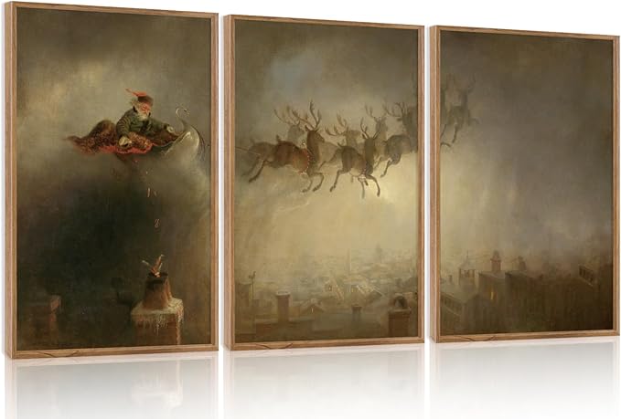 Aurlan Vintage Santa's Sleigh Rides Framed Wall Art(16"x24"), 3PCS Mid Century Modern Moody Black Christmas Eve Santa Claus with Reindeer Sleigh Canvas Artwork, Neutral Abstract Xmas Winter Holiday Gift Decor for Home Office Bedroom