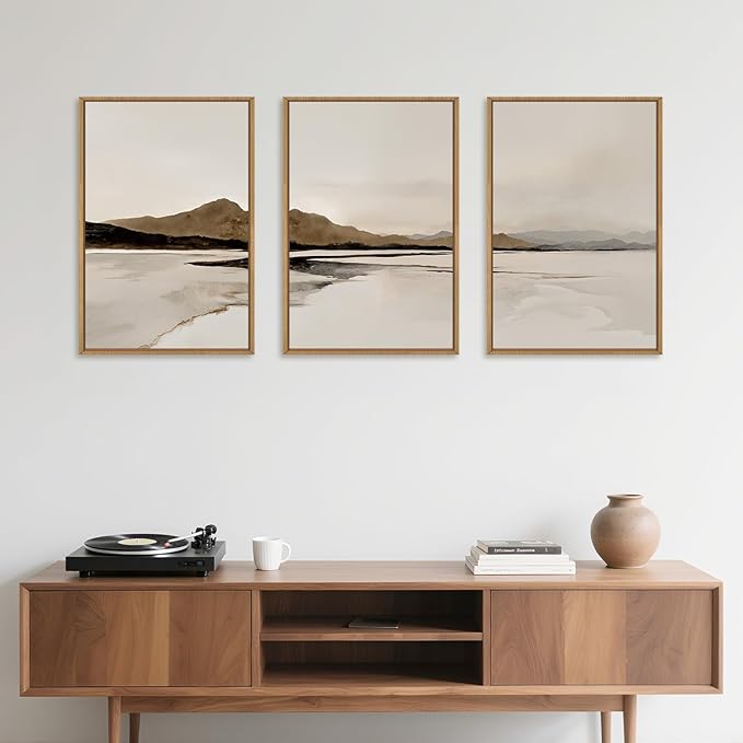 Ausril Beige and Brown Foggy Framed Canvas Wall Art Set, Modern Misty Landscape Wall Decor, Abstract Mountain Lake Wall Painting, Minimalist Nature Art Prints for Living Room, Bedroom - 24"X36"X3