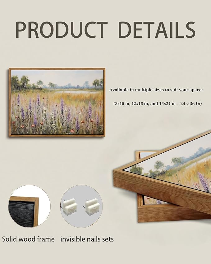 KISSFOX Vintage Landscape Canvas Wall Art Nature Wildflower Field Scenery Prints Country Painting Picture Decor Artwork Rustic Farmhouse Gallery Office Living Room Bedroom Bathroom