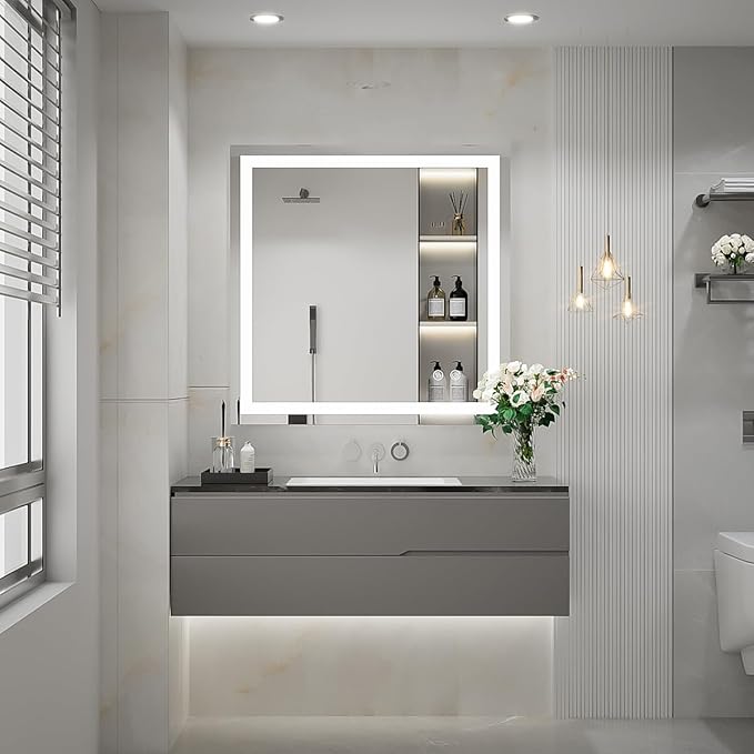 36X36 Inch LED Bathroom Mirror,Vanity Wall Mounted Anti-Fog Mirror,Dimmable Lighted Bathroom Mirror with Lights,Smart Touch Button+Memory Function+CRI90+High Lumen